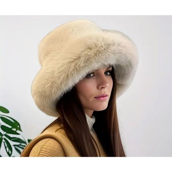 Beige/Light Tan Faux Fur Wide Brim Winter Hat - Picture 2 of 5